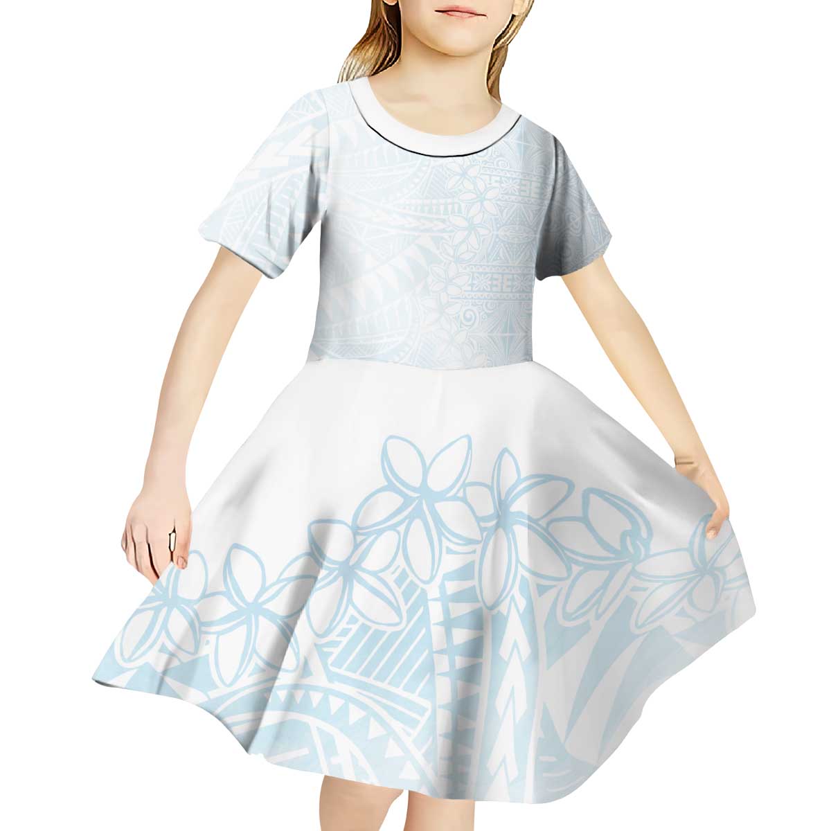 White Sunday Kid Short Sleeve Dress Plumeria Tatau Mix Tapa