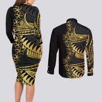Polynesia Couples Matching Long Sleeve Bodycon Dress and Long Sleeve Button Shirt Black & Gold Fancy Plumeria