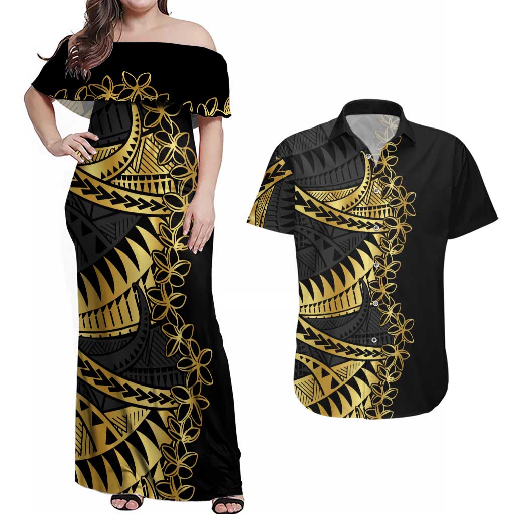 Polynesia Couples Matching Off Shoulder Maxi Dress and Hawaiian Shirt Black & Gold Fancy Plumeria