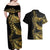 Polynesia Couples Matching Off Shoulder Maxi Dress and Hawaiian Shirt Black & Gold Fancy Plumeria