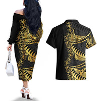 Polynesia Couples Matching Off The Shoulder Long Sleeve Dress and Hawaiian Shirt Black & Gold Fancy Plumeria