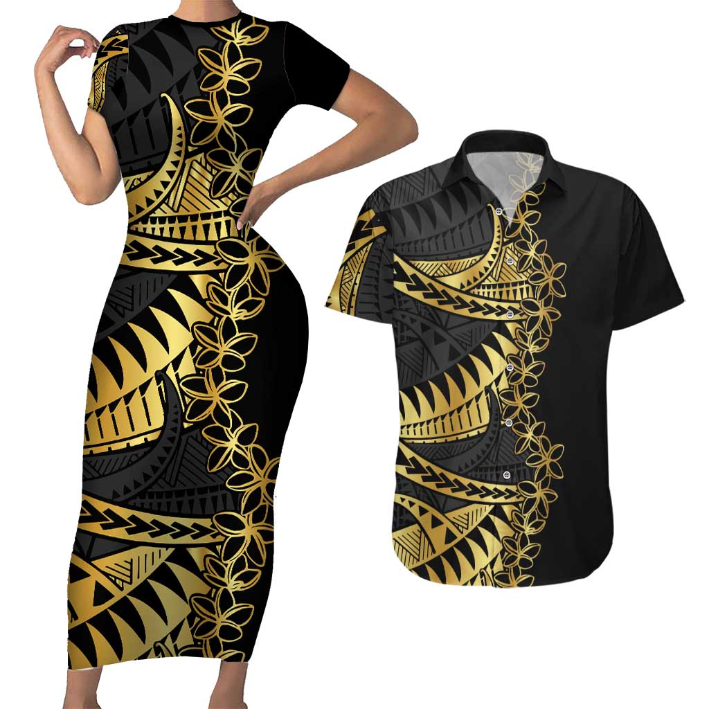 Polynesia Couples Matching Short Sleeve Bodycon Dress and Hawaiian Shirt Black & Gold Fancy Plumeria