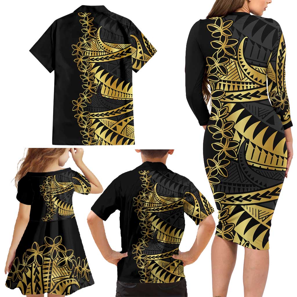 Polynesia Family Matching Long Sleeve Bodycon Dress and Hawaiian Shirt Black & Gold Fancy Plumeria