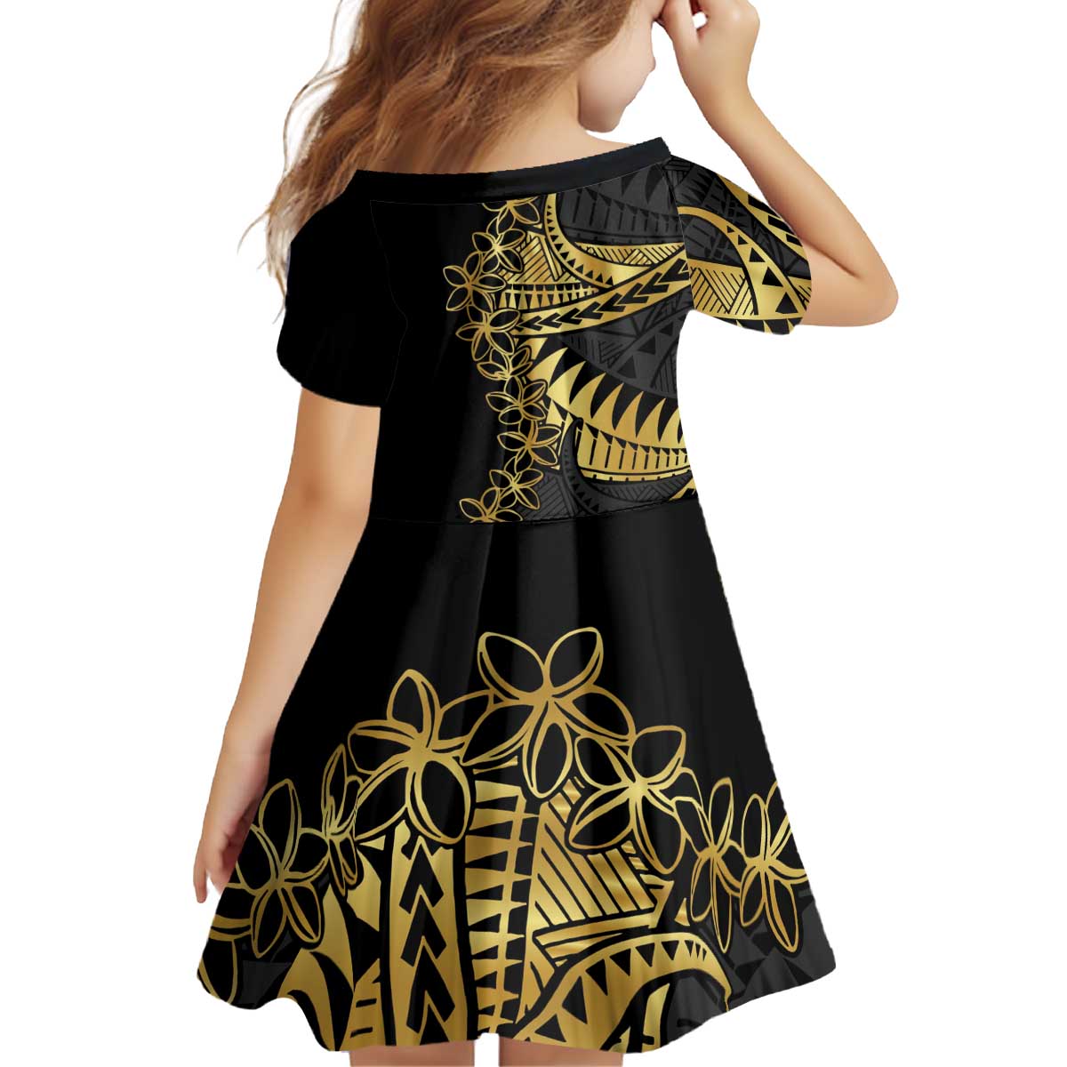 Polynesia Family Matching Off Shoulder Short Dress and Hawaiian Shirt Black & Gold Fancy Plumeria