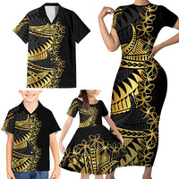 Polynesia Family Matching Short Sleeve Bodycon Dress and Hawaiian Shirt Black & Gold Fancy Plumeria LT7 - Polynesian Pride