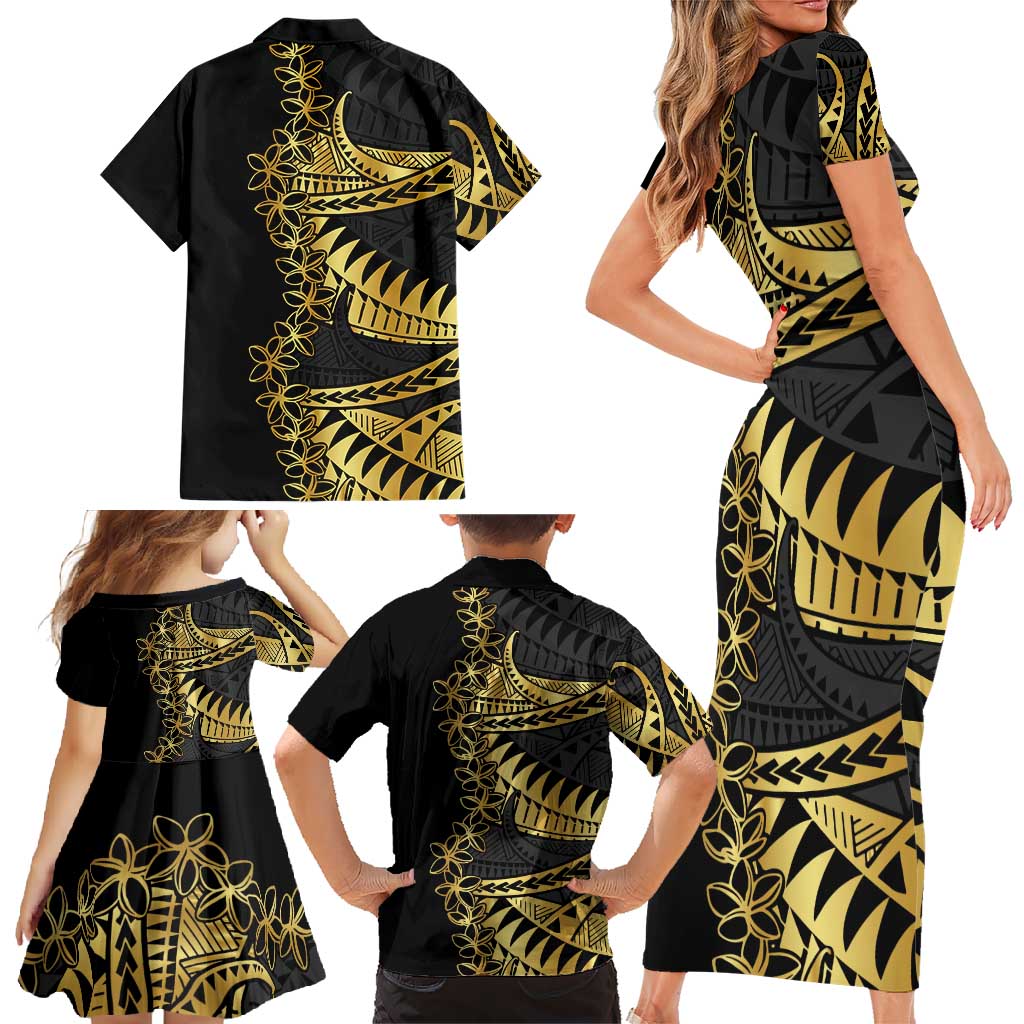 Polynesia Family Matching Short Sleeve Bodycon Dress and Hawaiian Shirt Black & Gold Fancy Plumeria LT7 - Polynesian Pride