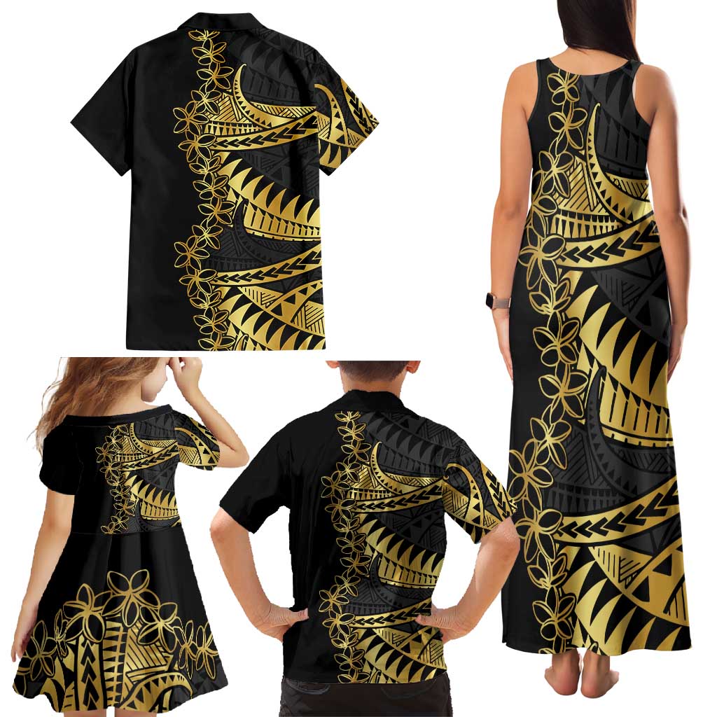 Polynesia Family Matching Tank Maxi Dress and Hawaiian Shirt Black & Gold Fancy Plumeria