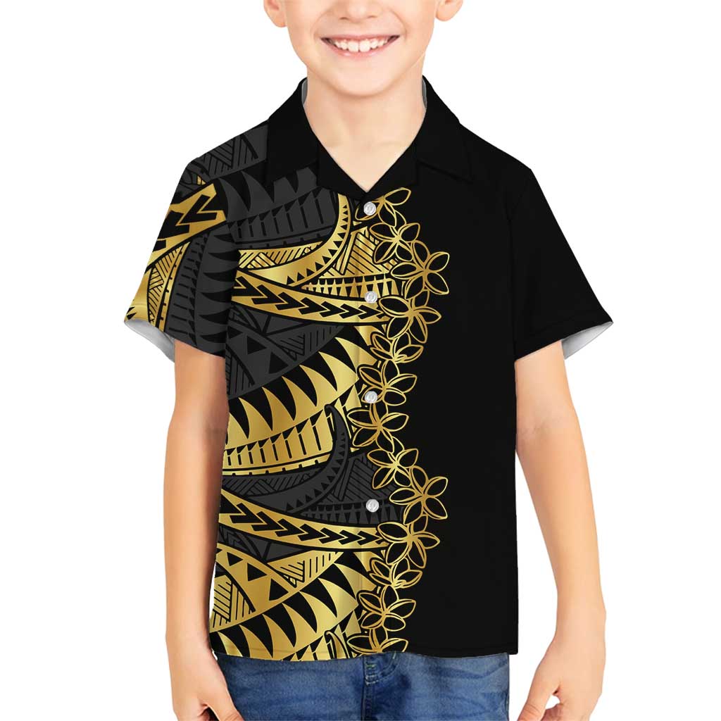 Polynesia Family Matching Tank Maxi Dress and Hawaiian Shirt Black & Gold Fancy Plumeria