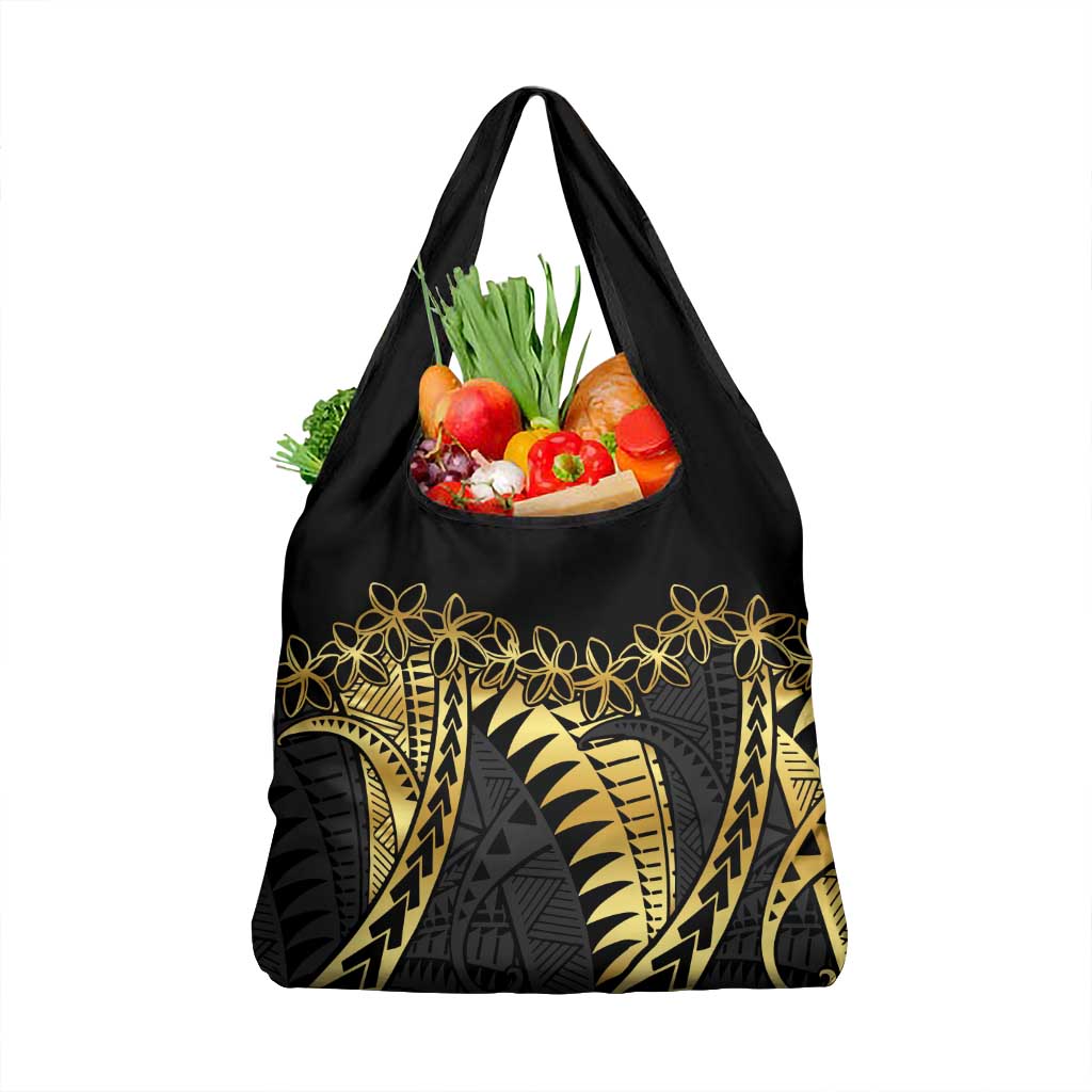 Polynesia Grocery Bag Black & Gold Fancy Plumeria