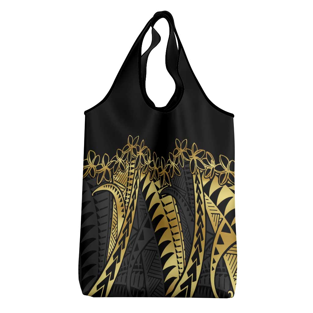 Polynesia Grocery Bag Black & Gold Fancy Plumeria