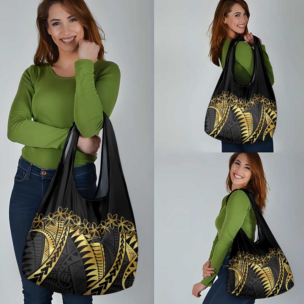 Polynesia Grocery Bag Black & Gold Fancy Plumeria