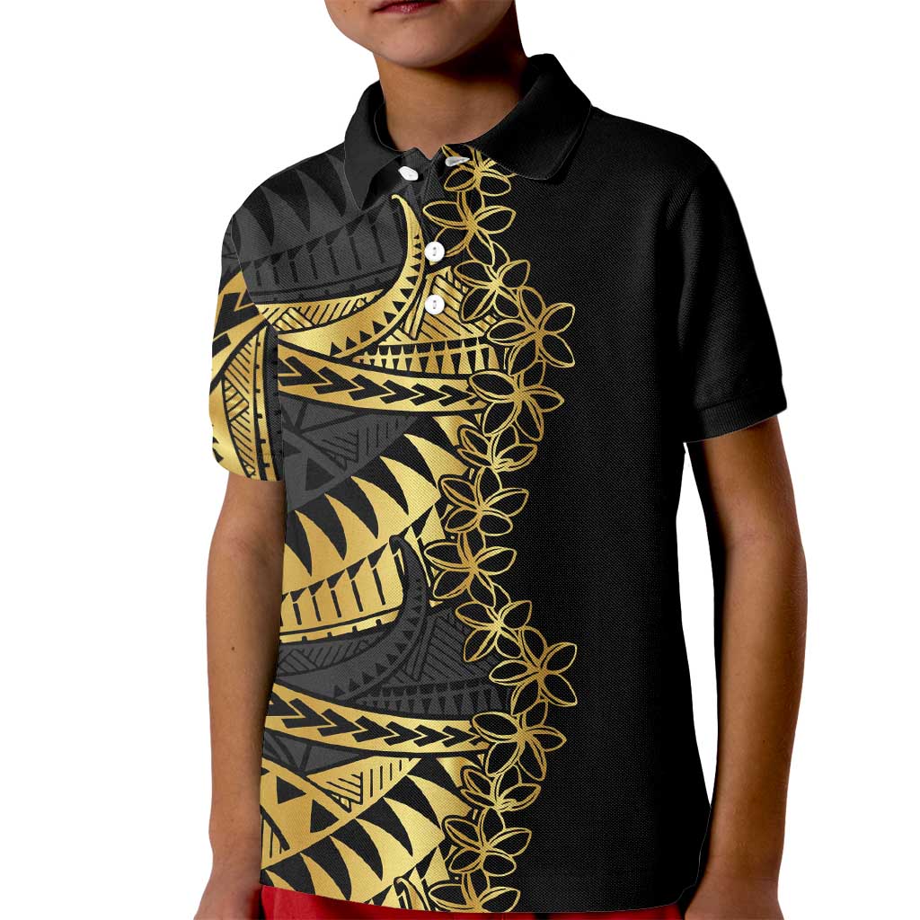 Polynesia Kid Polo Shirt Black & Gold Fancy Plumeria