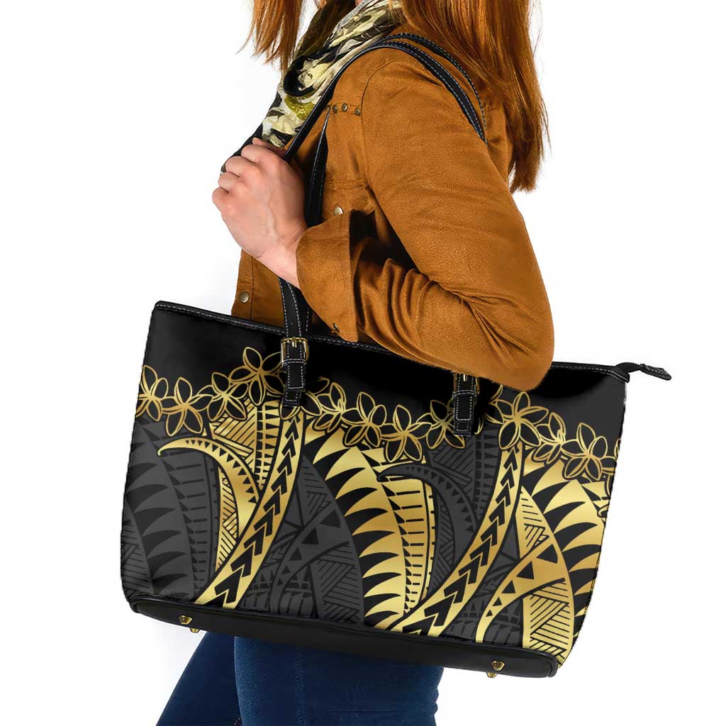 Polynesia Leather Tote Bag Black & Gold Fancy Plumeria