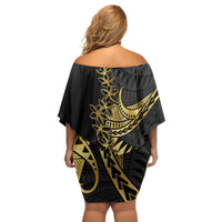 Polynesia Off Shoulder Short Dress Black & Gold Fancy Plumeria