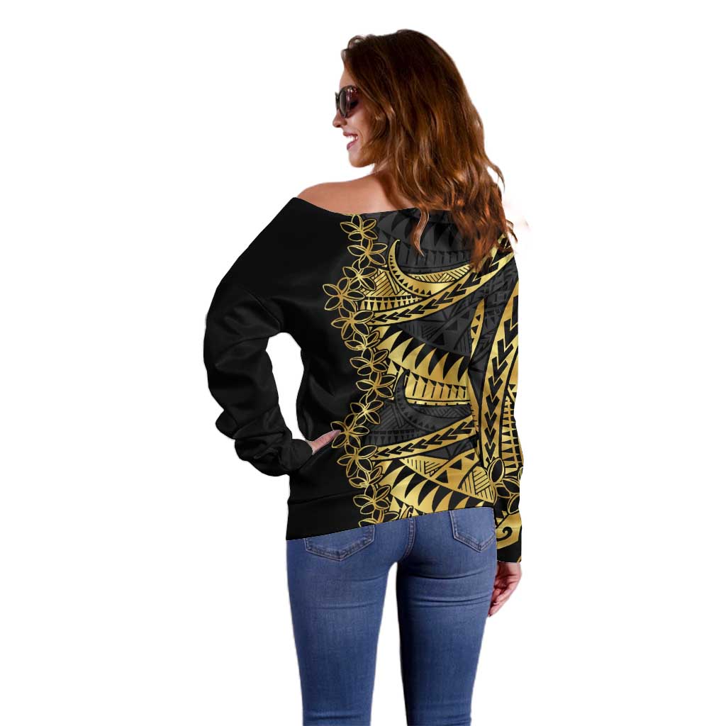 Polynesia Off Shoulder Sweater Black & Gold Fancy Plumeria