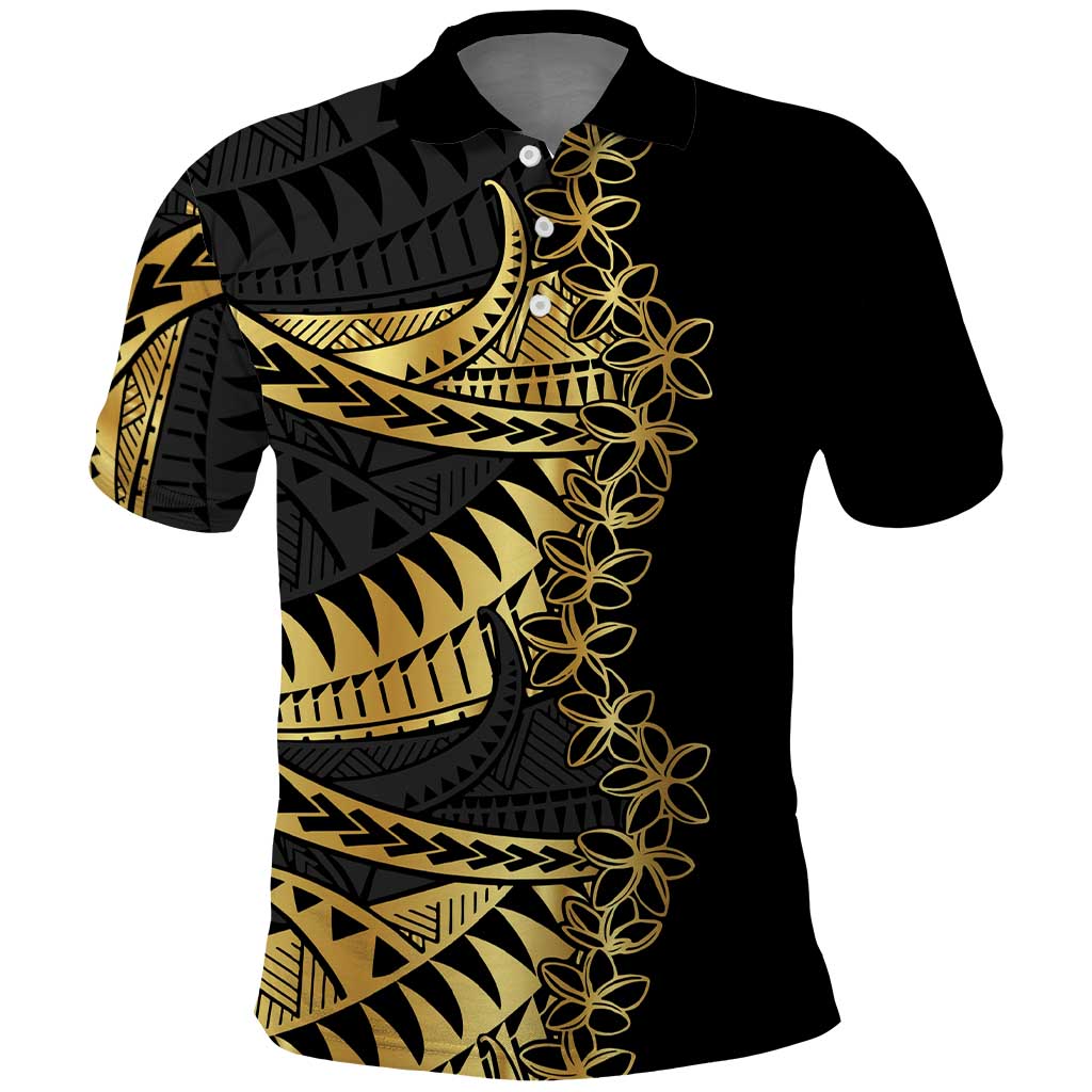 Polynesia Polo Shirt Black & Gold Fancy Plumeria
