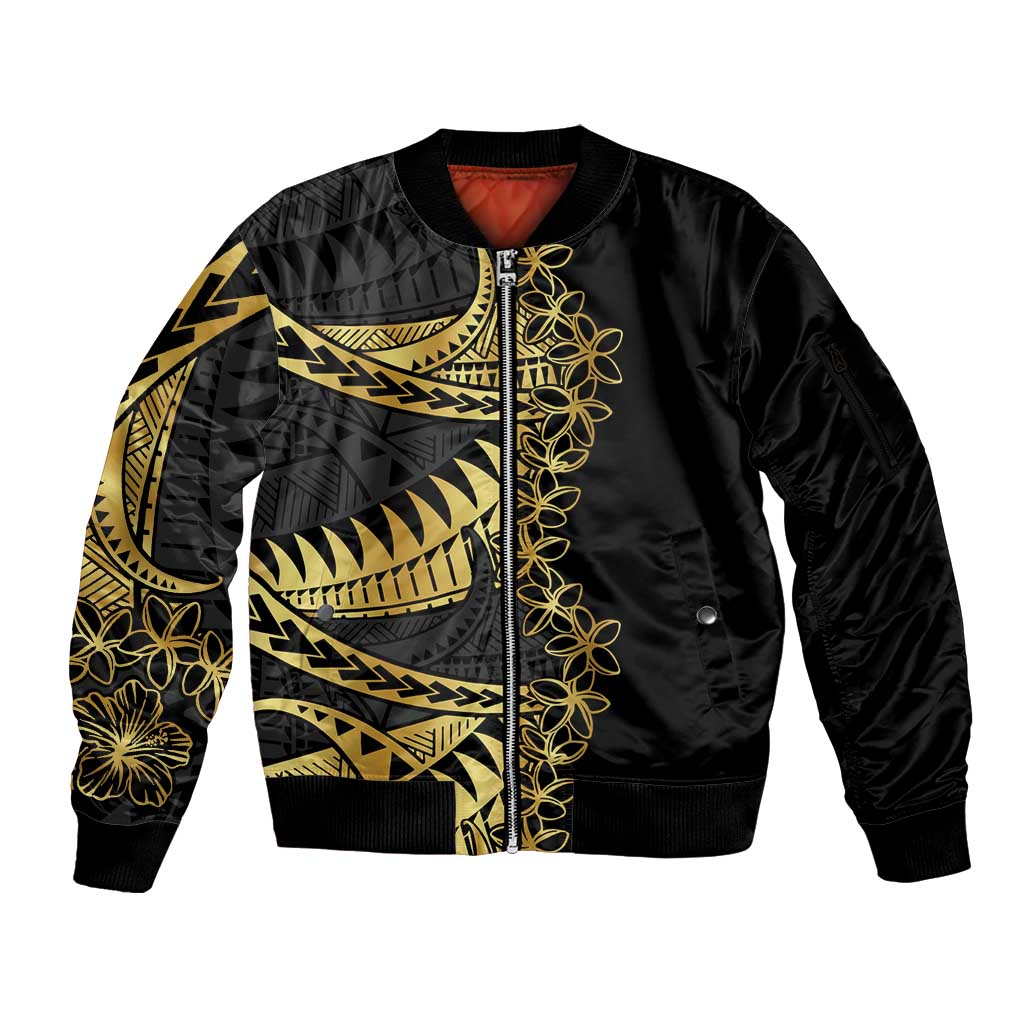 Polynesia Sleeve Zip Bomber Jacket Black & Gold Fancy Plumeria LT7 Unisex Black Gold - Polynesian Pride