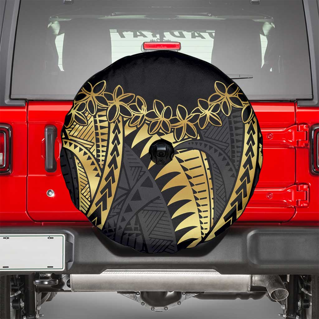 Polynesia Spare Tire Cover Black & Gold Fancy Plumeria