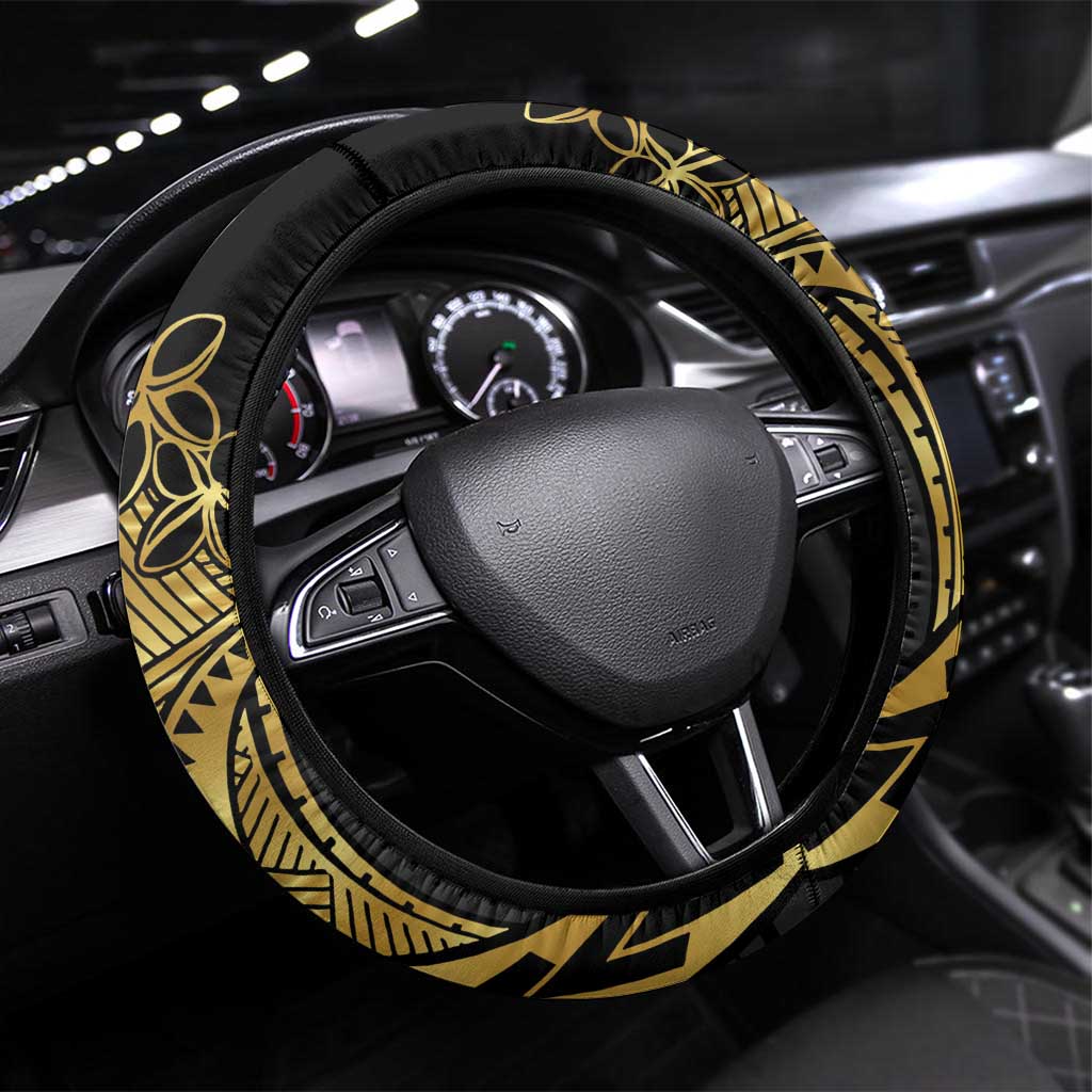 Polynesia Steering Wheel Cover Black & Gold Fancy Plumeria