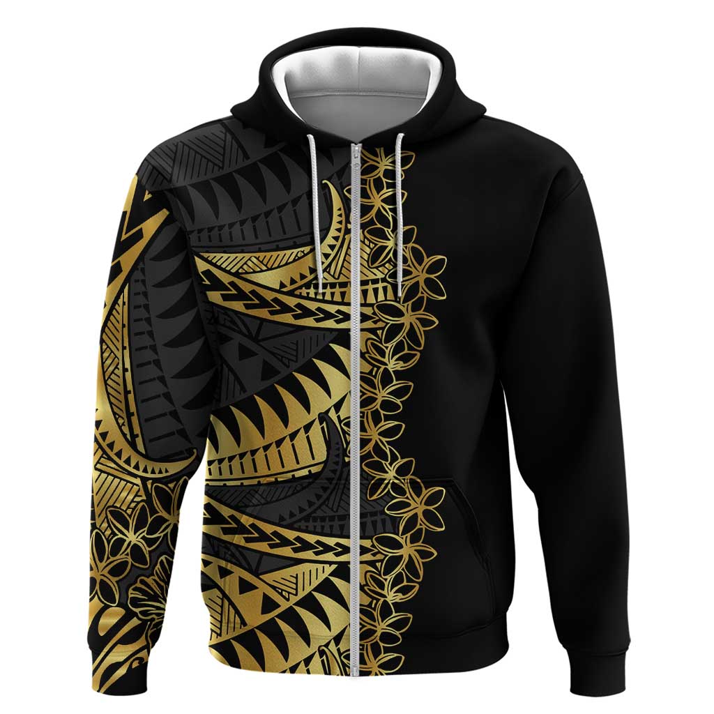 Polynesia Zip Hoodie Black & Gold Fancy Plumeria LT7 Zip Hoodie Black Gold - Polynesian Pride
