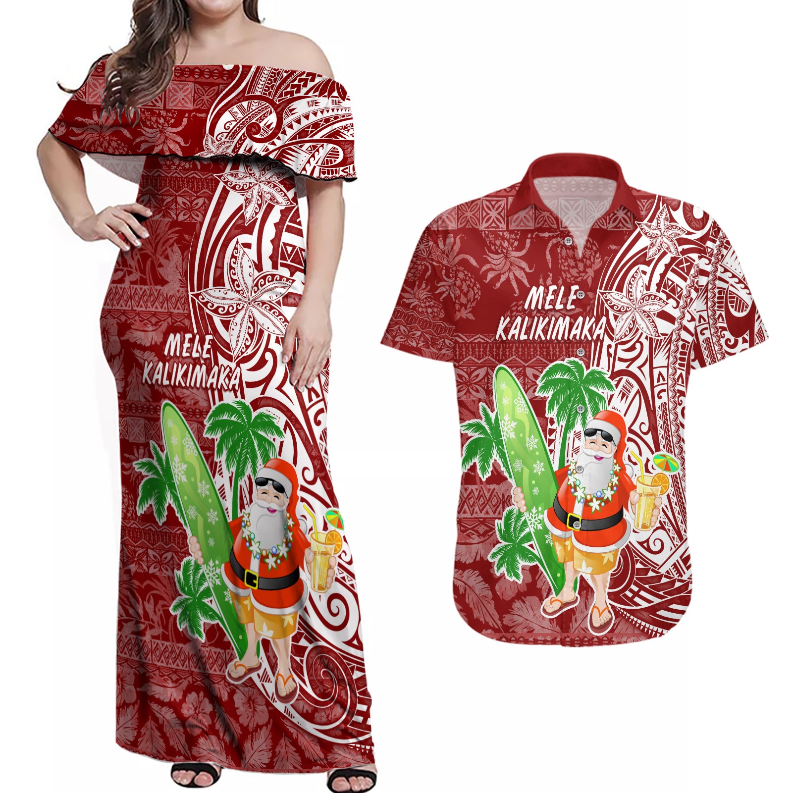 Hawaii Christmas Mele Kalikimaka Couples Matching Off Shoulder Maxi Dress and Hawaiian Shirt Santa Claus LT7 Red - Polynesian Pride