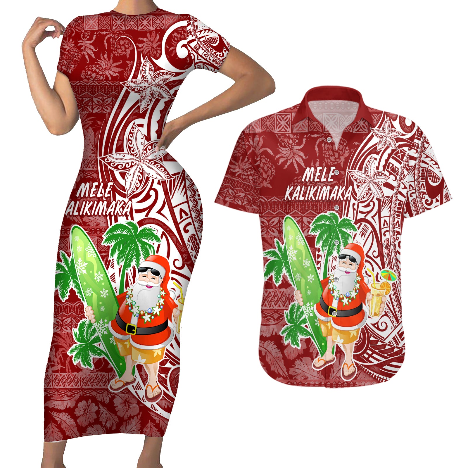 Hawaii Christmas Mele Kalikimaka Couples Matching Short Sleeve Bodycon Dress and Hawaiian Shirt Santa Claus LT7 Red - Polynesian Pride