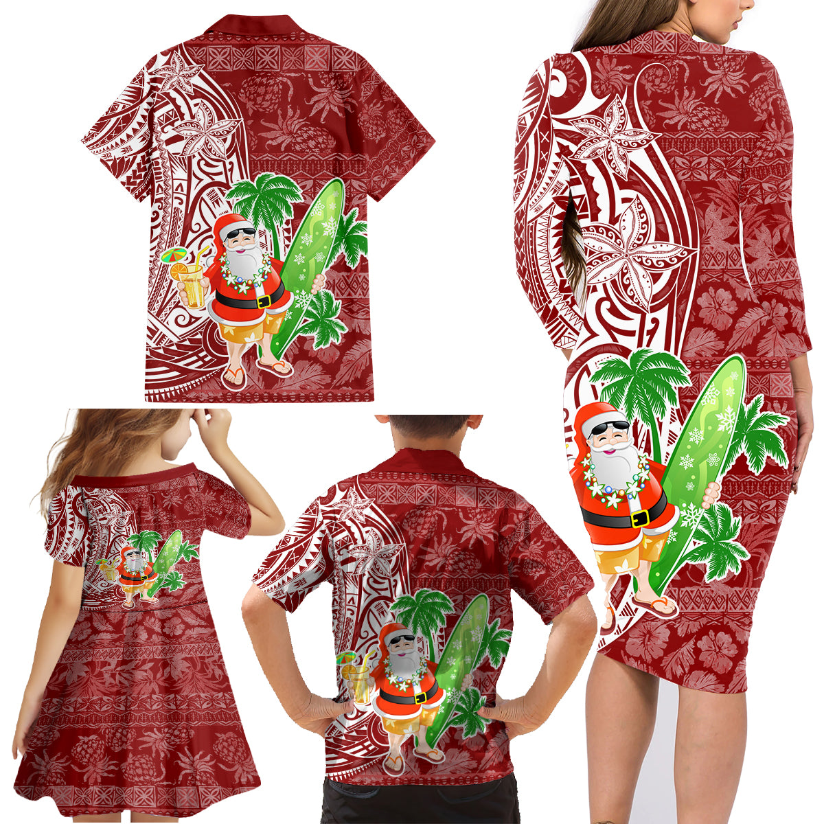 Hawaii Christmas Mele Kalikimaka Family Matching Long Sleeve Bodycon Dress and Hawaiian Shirt Santa Claus LT7 - Polynesian Pride