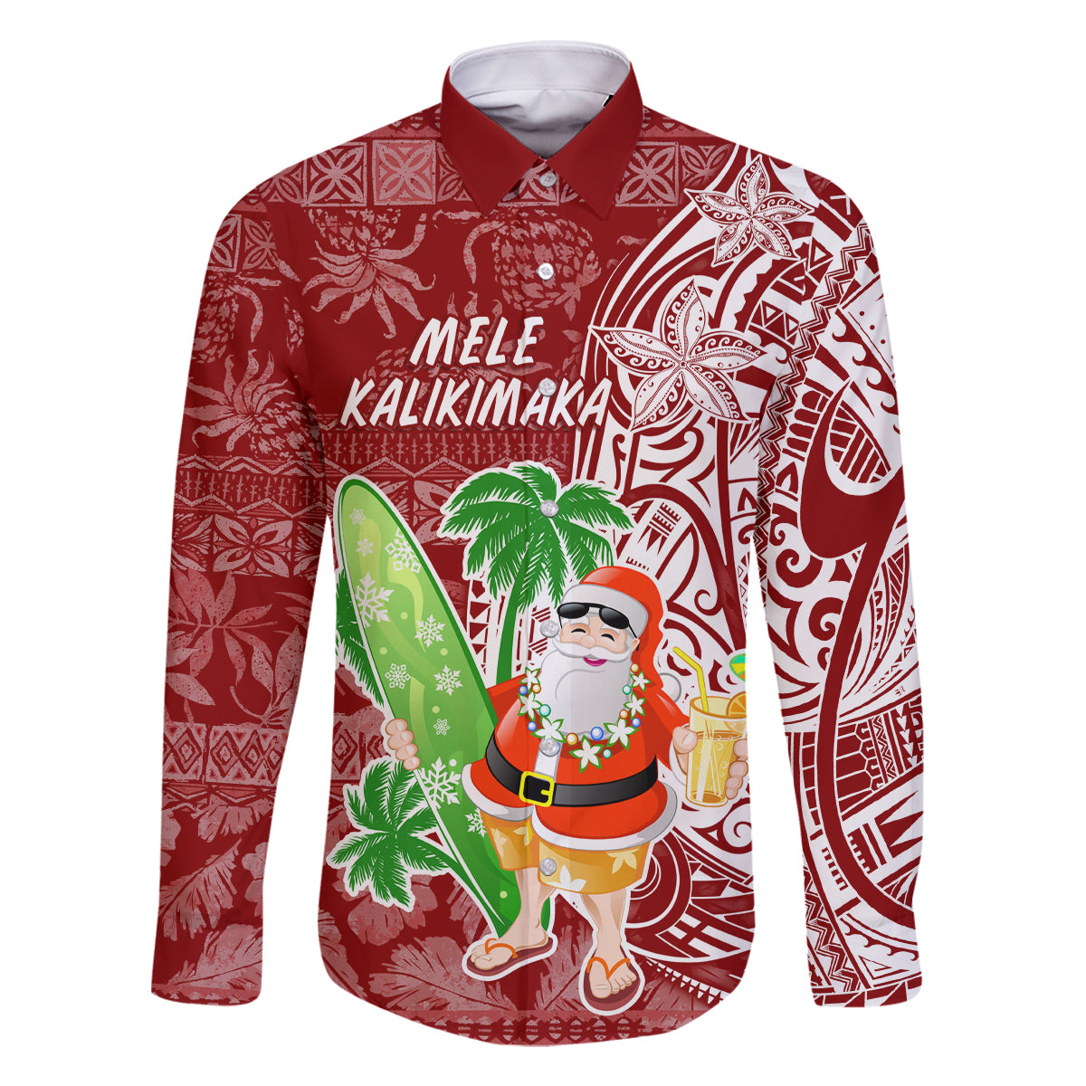 Hawaii Christmas Mele Kalikimaka Family Matching Mermaid Dress and Hawaiian Shirt Santa Claus LT7 Dad's Shirt - Long Sleeve Red - Polynesian Pride