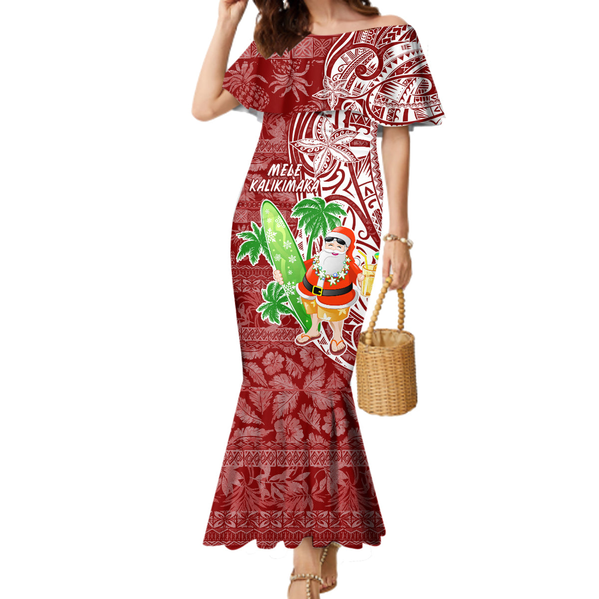 Hawaii Christmas Mele Kalikimaka Family Matching Mermaid Dress and Hawaiian Shirt Santa Claus LT7 Mom's Dress Red - Polynesian Pride