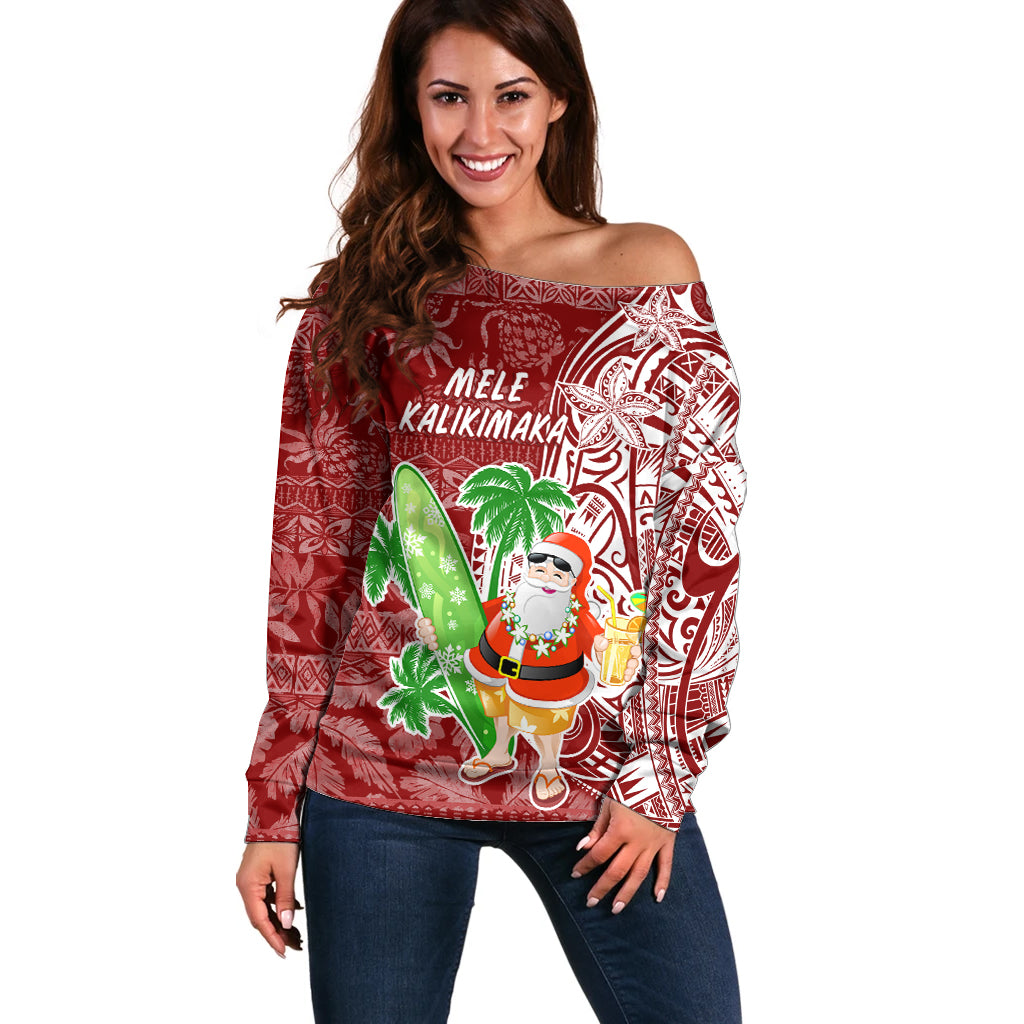 Hawaii Christmas Mele Kalikimaka Off Shoulder Sweater Santa Claus LT7 Women Red - Polynesian Pride