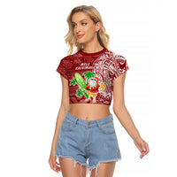 Hawaii Christmas Mele Kalikimaka Raglan Cropped T Shirt Santa Claus LT7 Female Red - Polynesian Pride