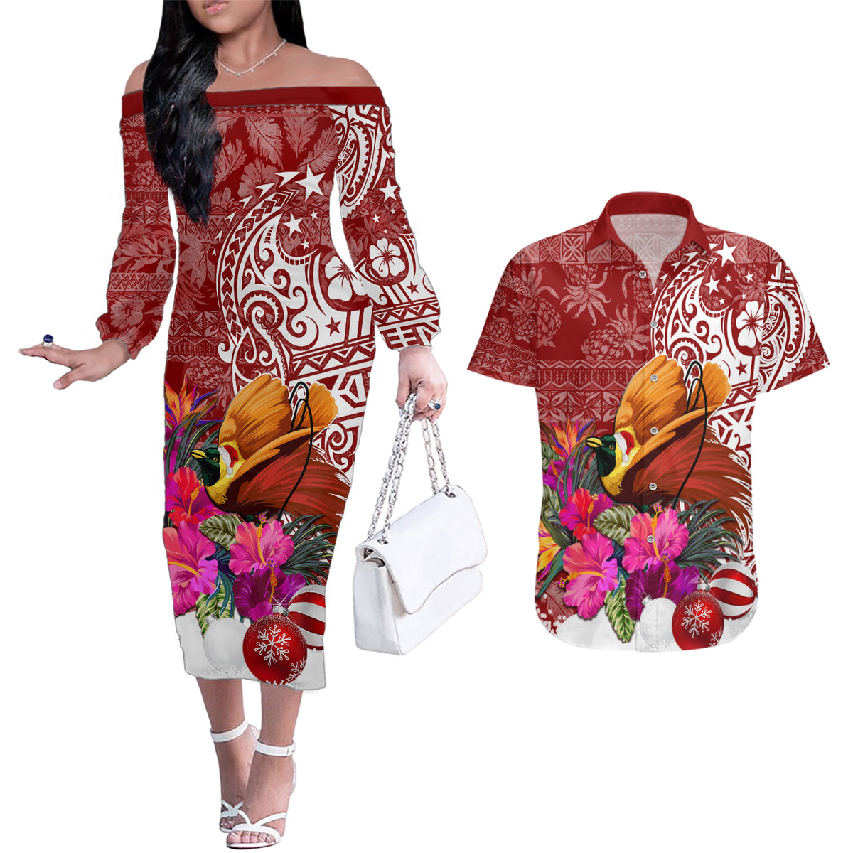 Papua New Guinea Christmas Couples Matching Off The Shoulder Long Sleeve Dress and Hawaiian Shirt Bird-of-Paradise Special LT7 Red - Polynesian Pride