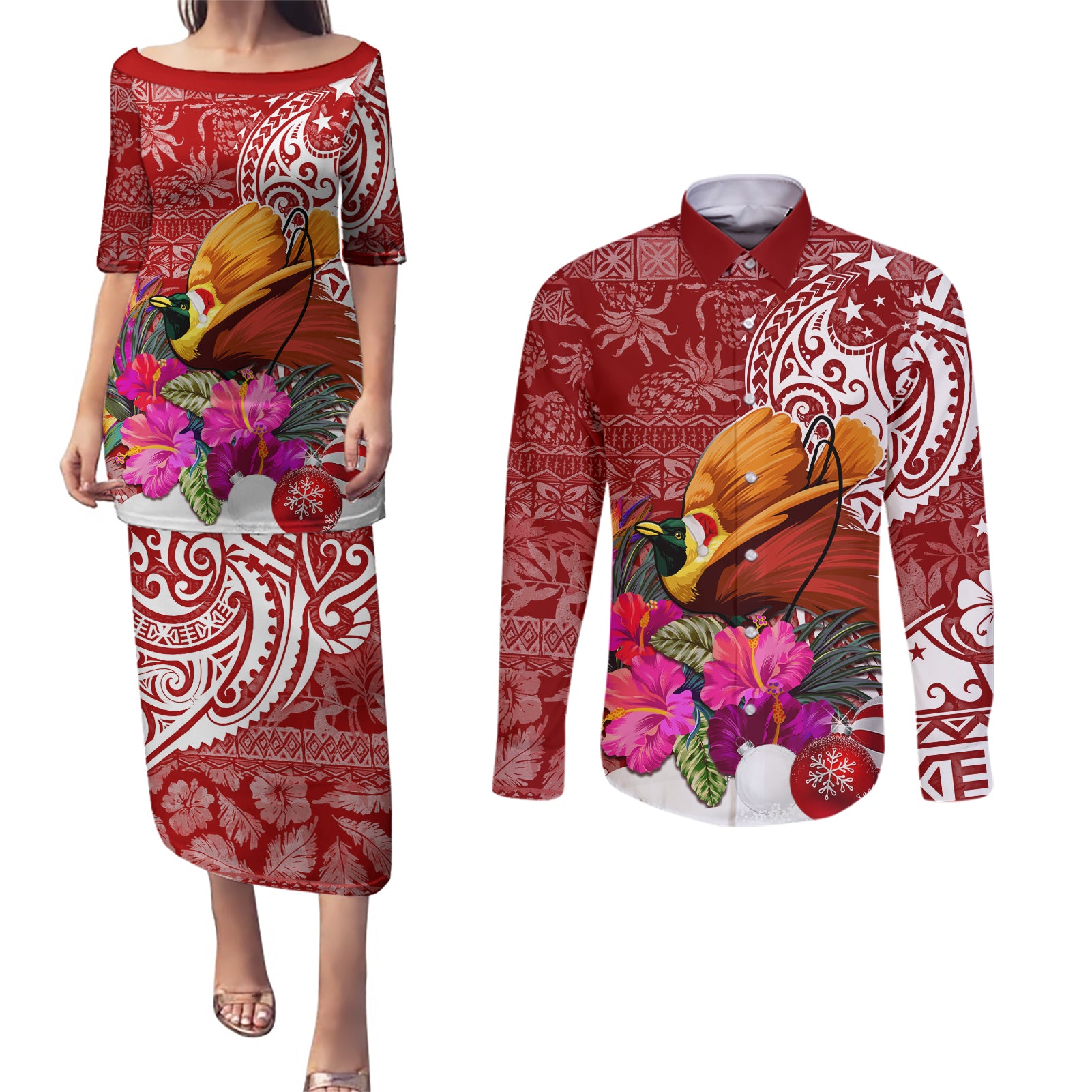 Papua New Guinea Christmas Couples Matching Puletasi Dress and Long Sleeve Button Shirt Bird-of-Paradise Special LT7 Red - Polynesian Pride