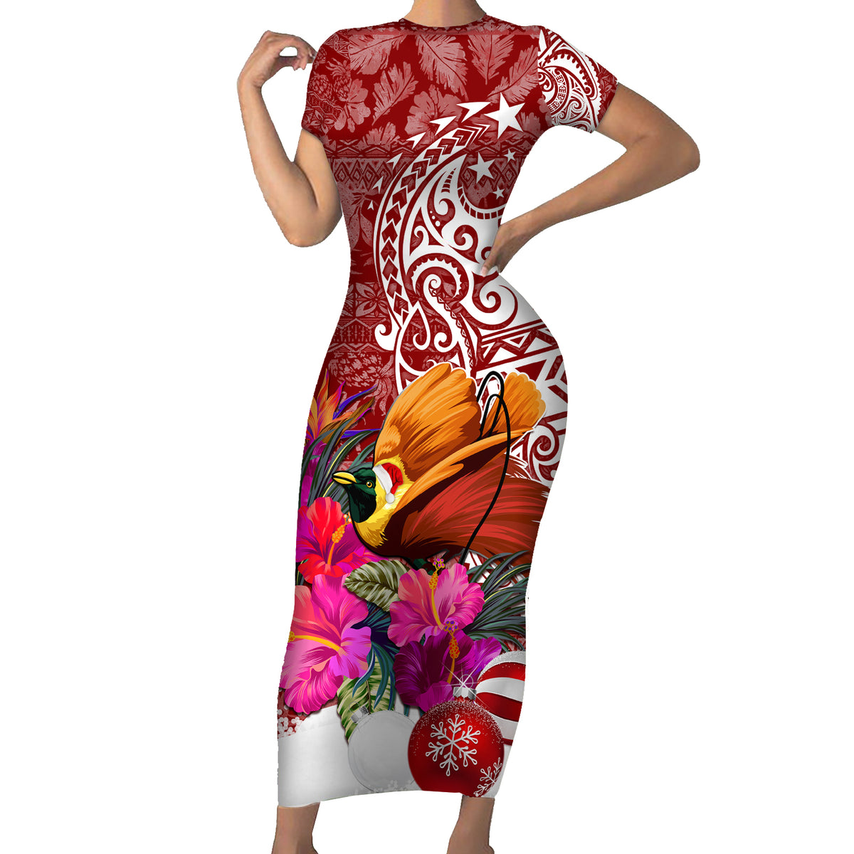 Papua New Guinea Christmas Family Matching Short Sleeve Bodycon Dress and Hawaiian Shirt Bird-of-Paradise Special LT7 Mom's Dress Red - Polynesian Pride