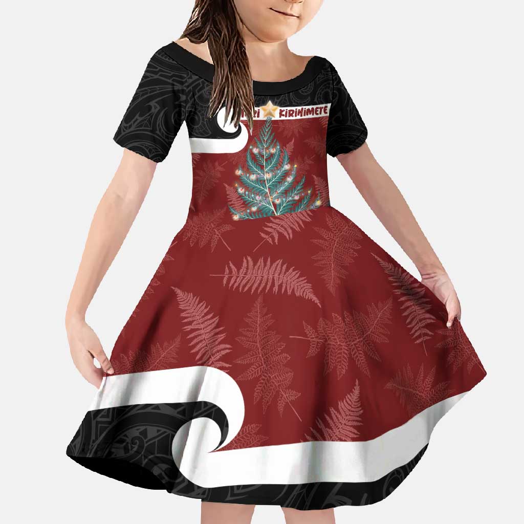 Personalised New Zealand Maori Christmas Family Matching Long Sleeve Bodycon Dress and Hawaiian Shirt Xmas Fern Mix Kowhawhai LT7 Daughter's Dress Black - Polynesian Pride