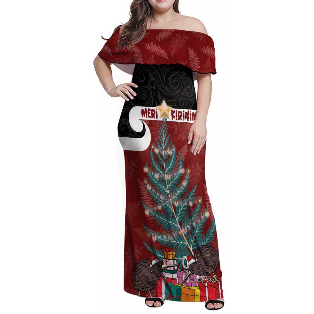 Personalised New Zealand Maori Christmas Family Matching Off Shoulder Maxi Dress and Hawaiian Shirt Xmas Fern Mix Kowhawhai