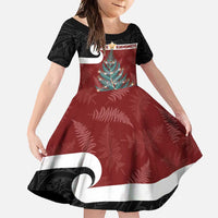 Personalised New Zealand Maori Christmas Family Matching Short Sleeve Bodycon Dress and Hawaiian Shirt Xmas Fern Mix Kowhawhai LT7 Daughter's Dress Black - Polynesian Pride