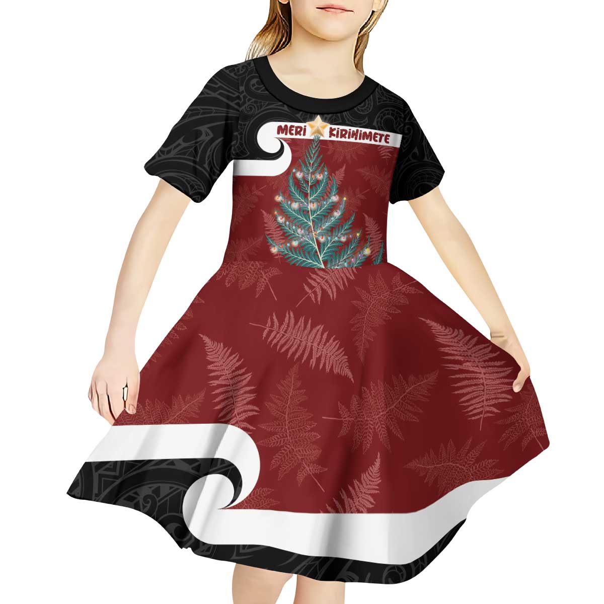 Personalised New Zealand Maori Christmas Kid Short Sleeve Dress Xmas Fern Mix Kowhawhai LT7 - Polynesian Pride