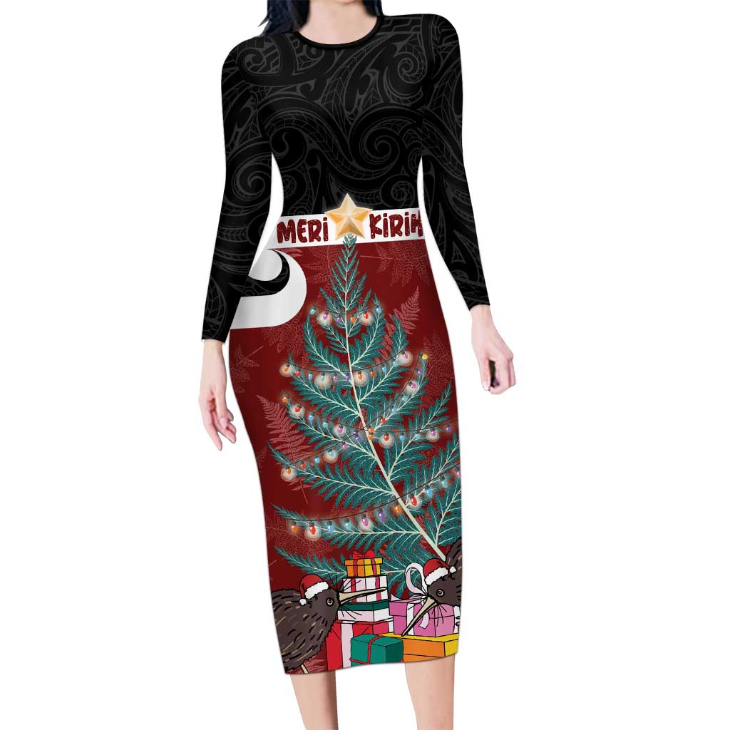 Personalised New Zealand Maori Christmas Long Sleeve Bodycon Dress Xmas Fern Mix Kowhawhai LT7 Long Dress Black - Polynesian Pride