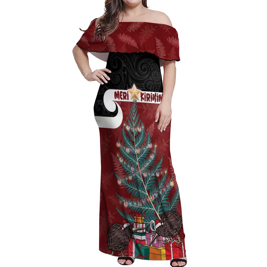 Personalised New Zealand Maori Christmas Off Shoulder Maxi Dress Xmas Fern Mix Kowhawhai LT7 Women Black - Polynesian Pride