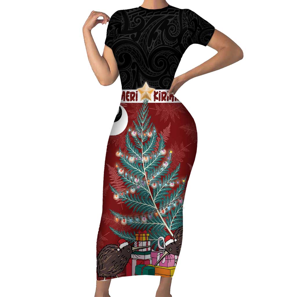 Personalised New Zealand Maori Christmas Short Sleeve Bodycon Dress Xmas Fern Mix Kowhawhai