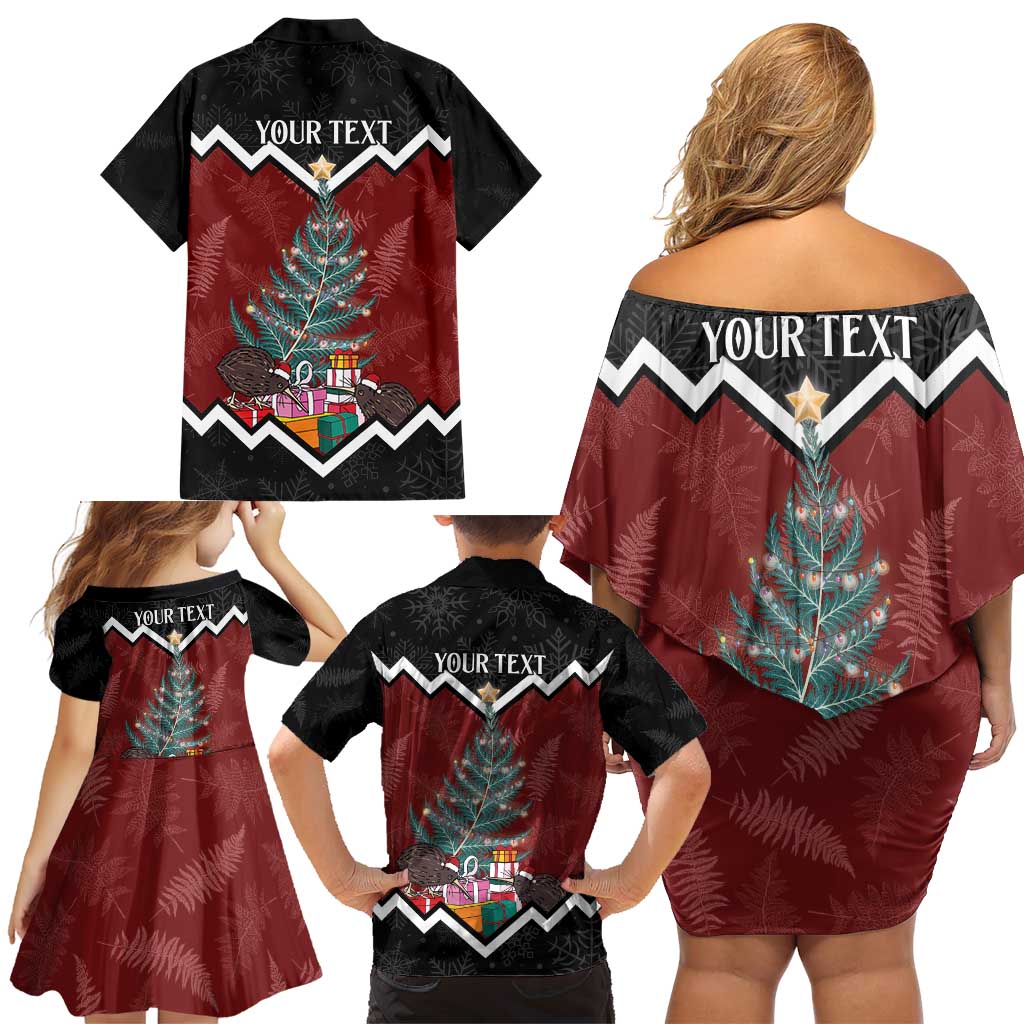 Personalised New Zealand Christmas Family Matching Off Shoulder Short Dress and Hawaiian Shirt Xmas Fern and Kiwi Birds