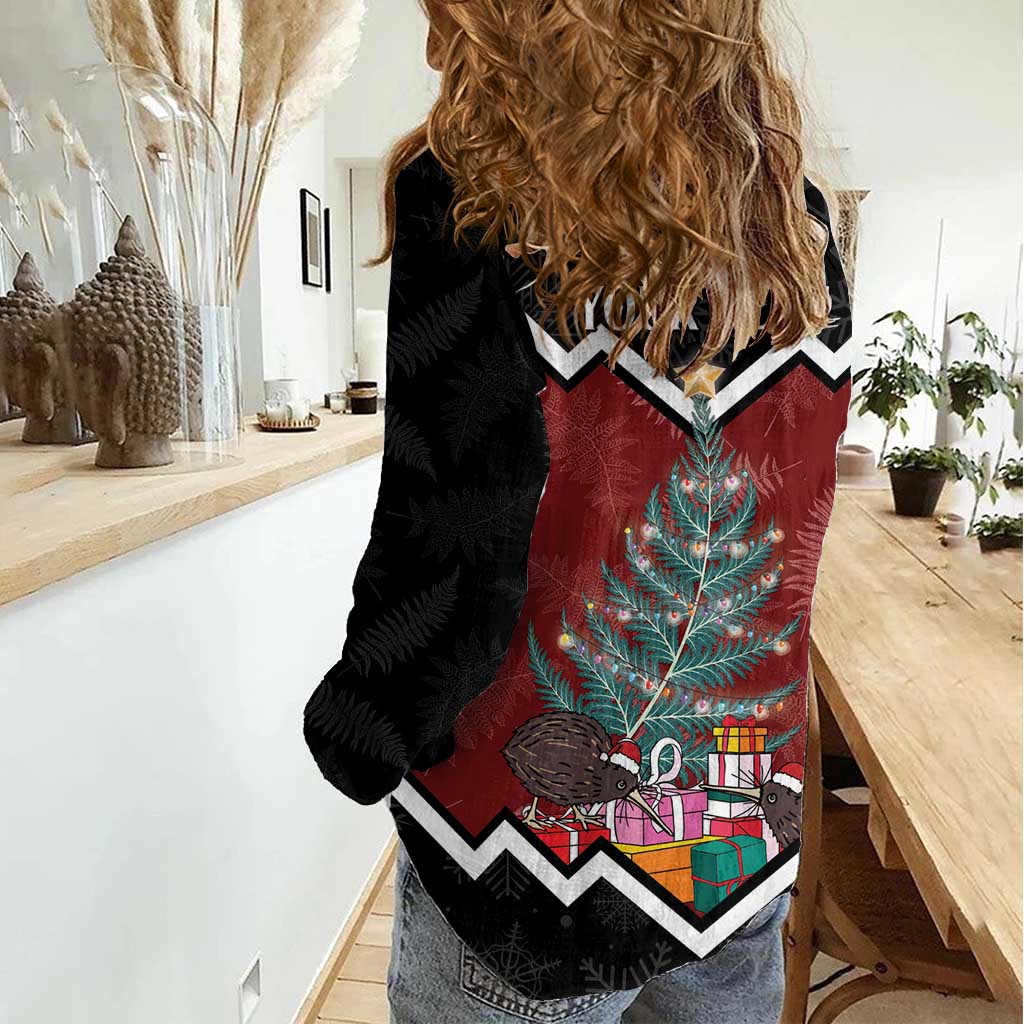 Personalised New Zealand Christmas Women Casual Shirt Xmas Fern and Kiwi Birds