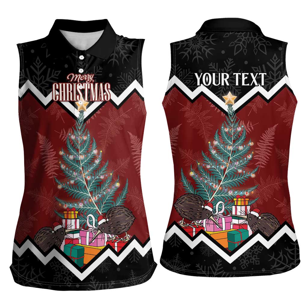 Personalised New Zealand Christmas Women Sleeveless Polo Shirt Xmas Fern and Kiwi Birds