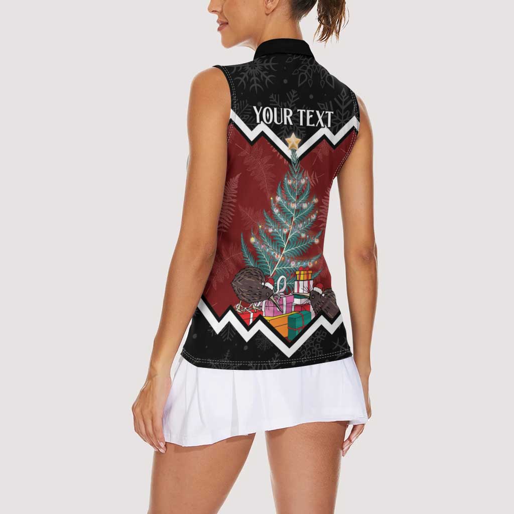 Personalised New Zealand Christmas Women Sleeveless Polo Shirt Xmas Fern and Kiwi Birds
