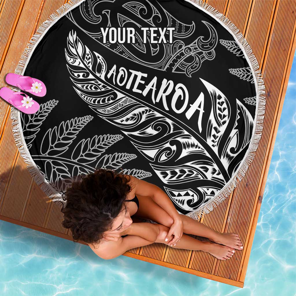 Aotearoa Personalized Lawn Bowls Maori Beach Blanket New Zealand Black Tribal Silver Fern - Polynesian Pride