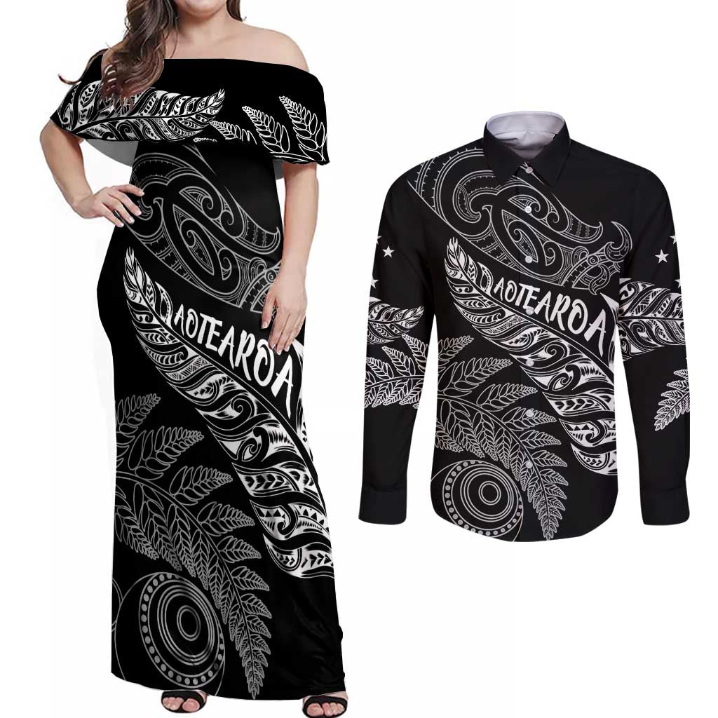 Aotearoa Personalized Lawn Bowls Maori Couples Matching Off Shoulder Maxi Dress and Long Sleeve Button Shirt New Zealand Black Tribal Silver Fern - Polynesian Pride