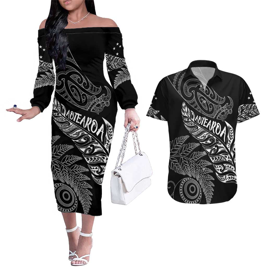 Aotearoa Personalized Lawn Bowls Maori Couples Matching Off The Shoulder Long Sleeve Dress and Hawaiian Shirt New Zealand Black Tribal Silver Fern - Polynesian Pride