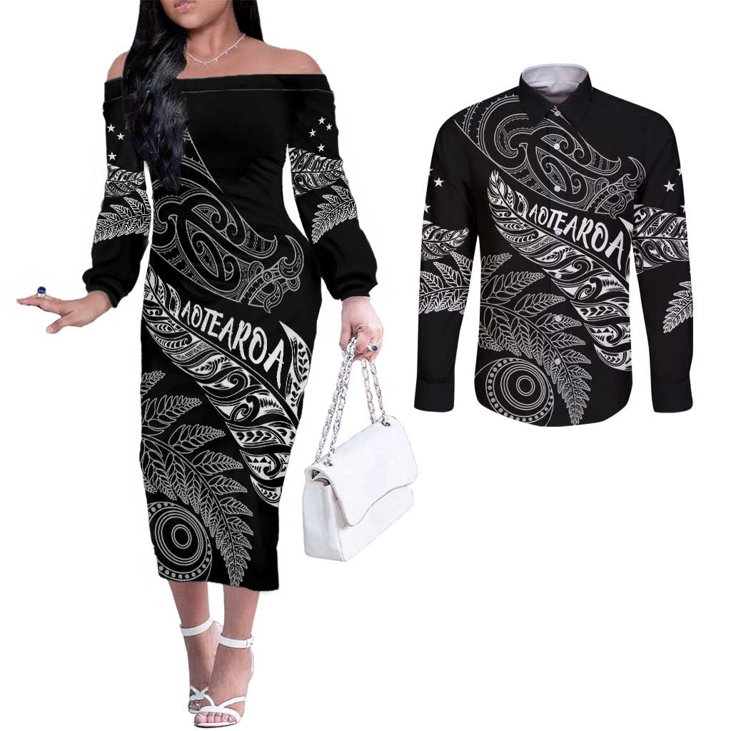 Aotearoa Personalized Lawn Bowls Maori Couples Matching Off The Shoulder Long Sleeve Dress and Long Sleeve Button Shirt New Zealand Black Tribal Silver Fern - Polynesian Pride