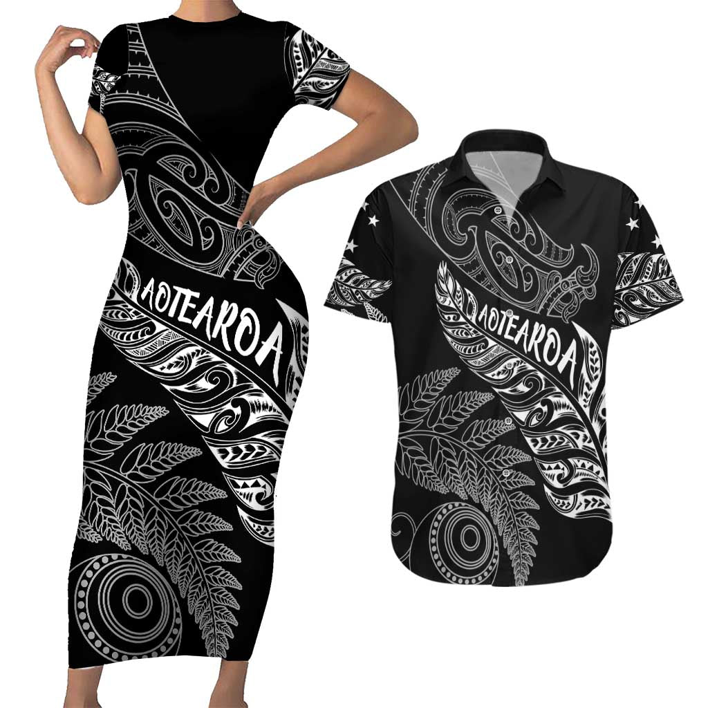 Aotearoa Personalized Lawn Bowls Maori Couples Matching Short Sleeve Bodycon Dress and Hawaiian Shirt New Zealand Black Tribal Silver Fern LT7 Black - Polynesian Pride